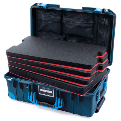 Pelican 1535 Air Case, Deep Pacific with Blue Handles, Push-Button Latches & Trolley Custom Tool Kit (4 Foam Inserts with Mesh Lid Organizer) ColorCase 015350-0160-550-120-120