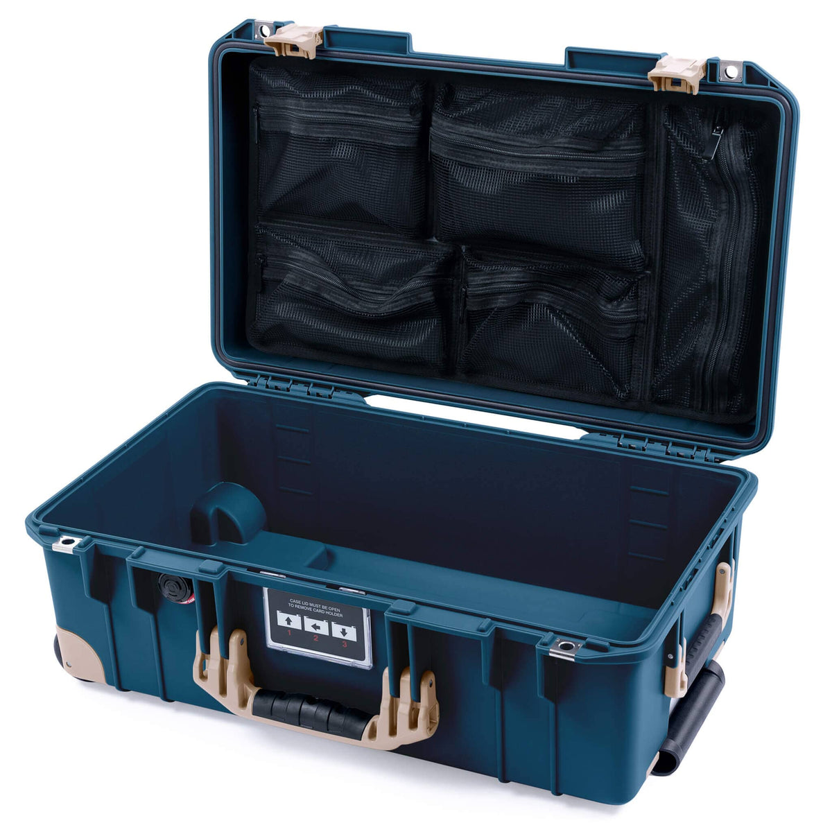 Pelican 1535 Air Case, Deep Pacific with Desert Tan Handles, Latches &amp; Trolley Mesh Lid Organizer Only ColorCase 015350-0100-550-311-310