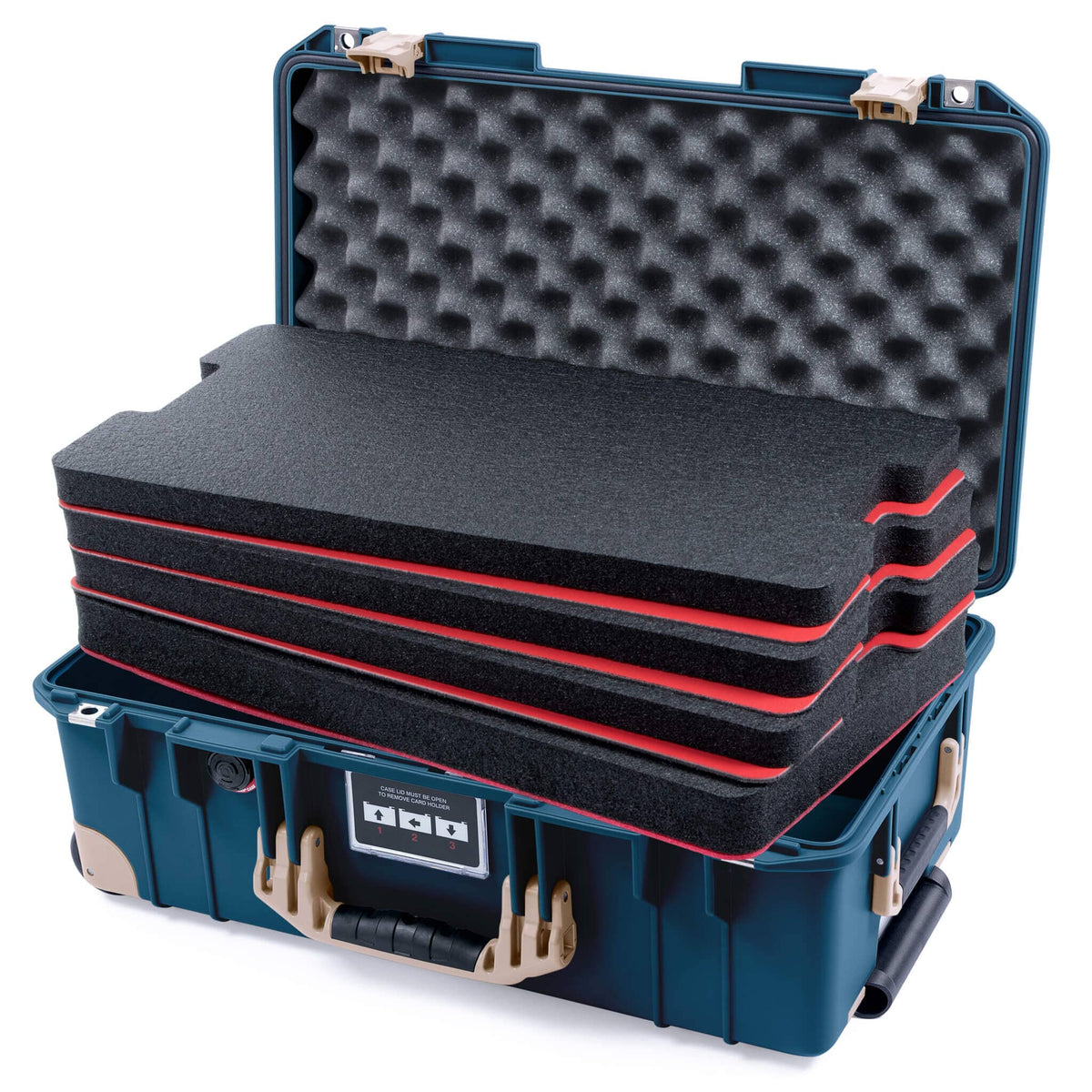 Pelican 1535 Air Case, Deep Pacific with Desert Tan Handles, Latches &amp; Trolley Custom Tool Kit (4 Foam Inserts with Convolute Lid Foam) ColorCase 015350-0060-550-311-310