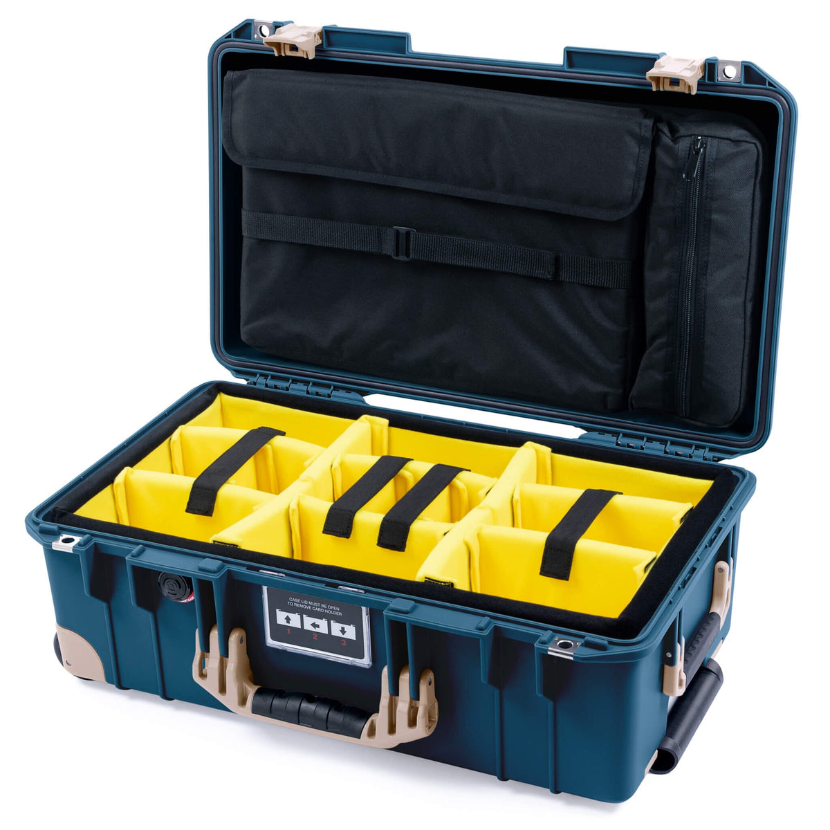 Pelican 1535 Air Case, Deep Pacific with Desert Tan Handles, Latches &amp; Trolley Yellow Padded Microfiber Dividers with Computer Pouch ColorCase 015350-0210-550-311-310
