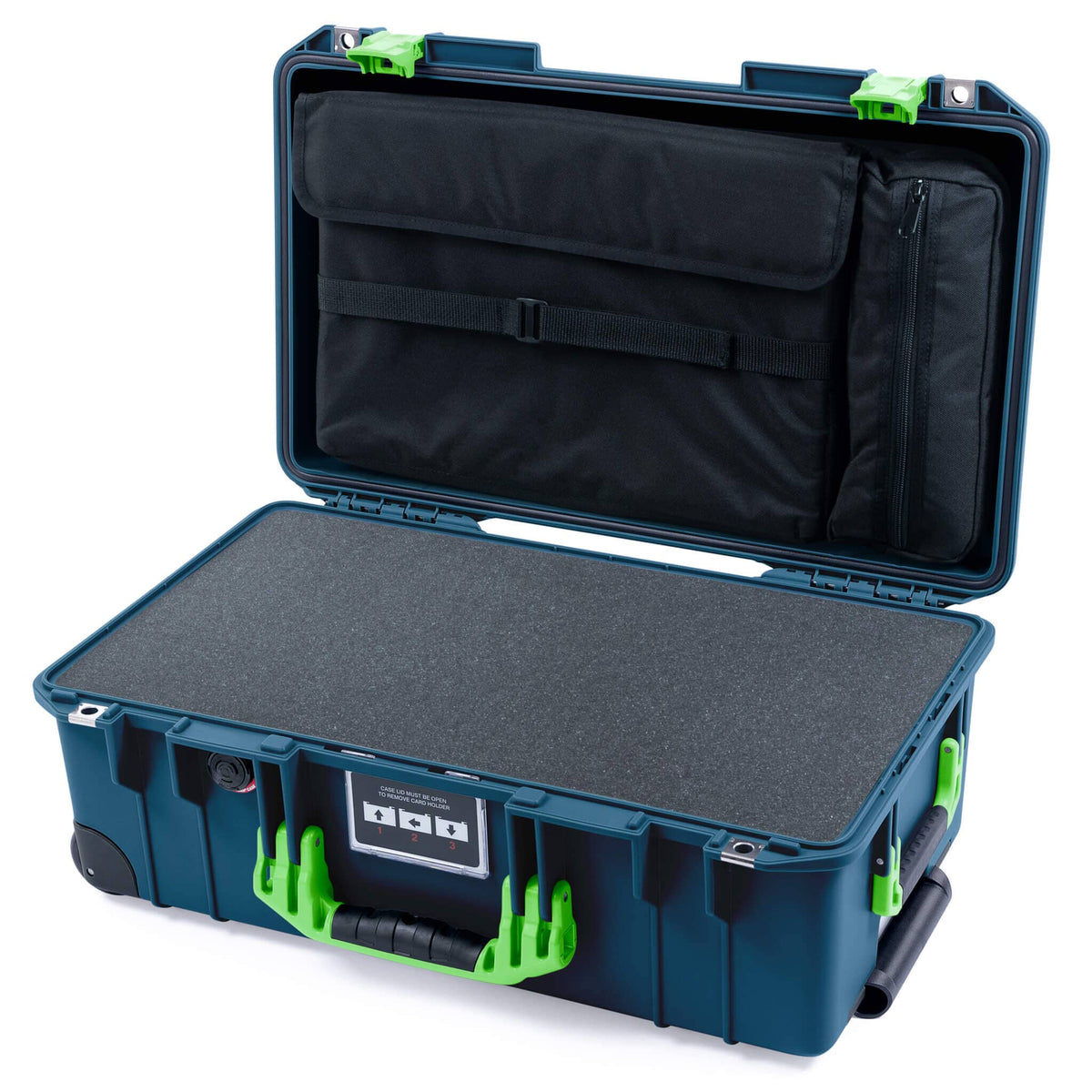 Pelican 1535 Air Case, Deep Pacific with Lime Green Handles &amp; Latches Pick &amp; Pluck Foam with Computer Pouch ColorCase 015350-0201-550-301