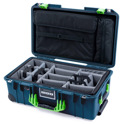 Pelican 1535 Air Case, Deep Pacific with Lime Green Handles & Latches Gray Padded Microfiber Dividers with Computer Pouch ColorCase 015350-0270-550-301