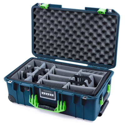 Pelican 1535 Air Case, Deep Pacific with Lime Green Handles & Latches Gray Padded Microfiber Dividers with Convolute Lid Foam ColorCase 015350-0070-550-301