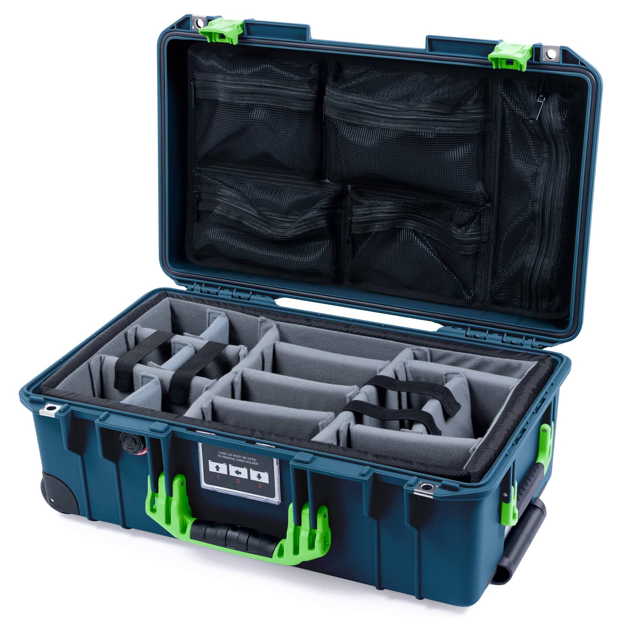 Pelican 1535 Air Case, Deep Pacific with Lime Green Handles & Latches Gray Padded Microfiber Dividers with Mesh Lid Organizer ColorCase 015350-0170-550-301