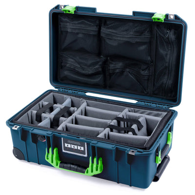 Pelican 1535 Air Case, Deep Pacific with Lime Green Handles & Latches Gray Padded Microfiber Dividers with Mesh Lid Organizer ColorCase 015350-0170-550-301