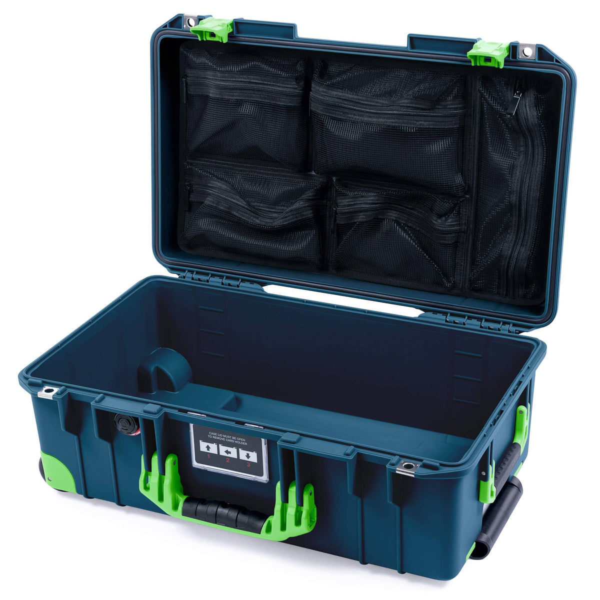 Pelican 1535 Air Case, Deep Pacific with Lime Green Handles, Latches &amp; Trolley Mesh Lid Organizer Only ColorCase 015350-0100-550-301-300