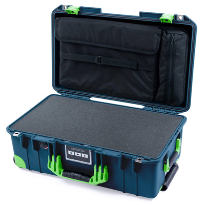 Pelican 1535 Air Case, Deep Pacific with Lime Green Handles, Latches & Trolley Pick & Pluck Foam with Computer Pouch ColorCase 015350-0201-550-301-300