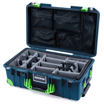 Pelican 1535 Air Case, Deep Pacific with Lime Green Handles, Latches & Trolley Gray Padded Microfiber Dividers with Mesh Lid Organizer ColorCase 015350-0170-550-301-300