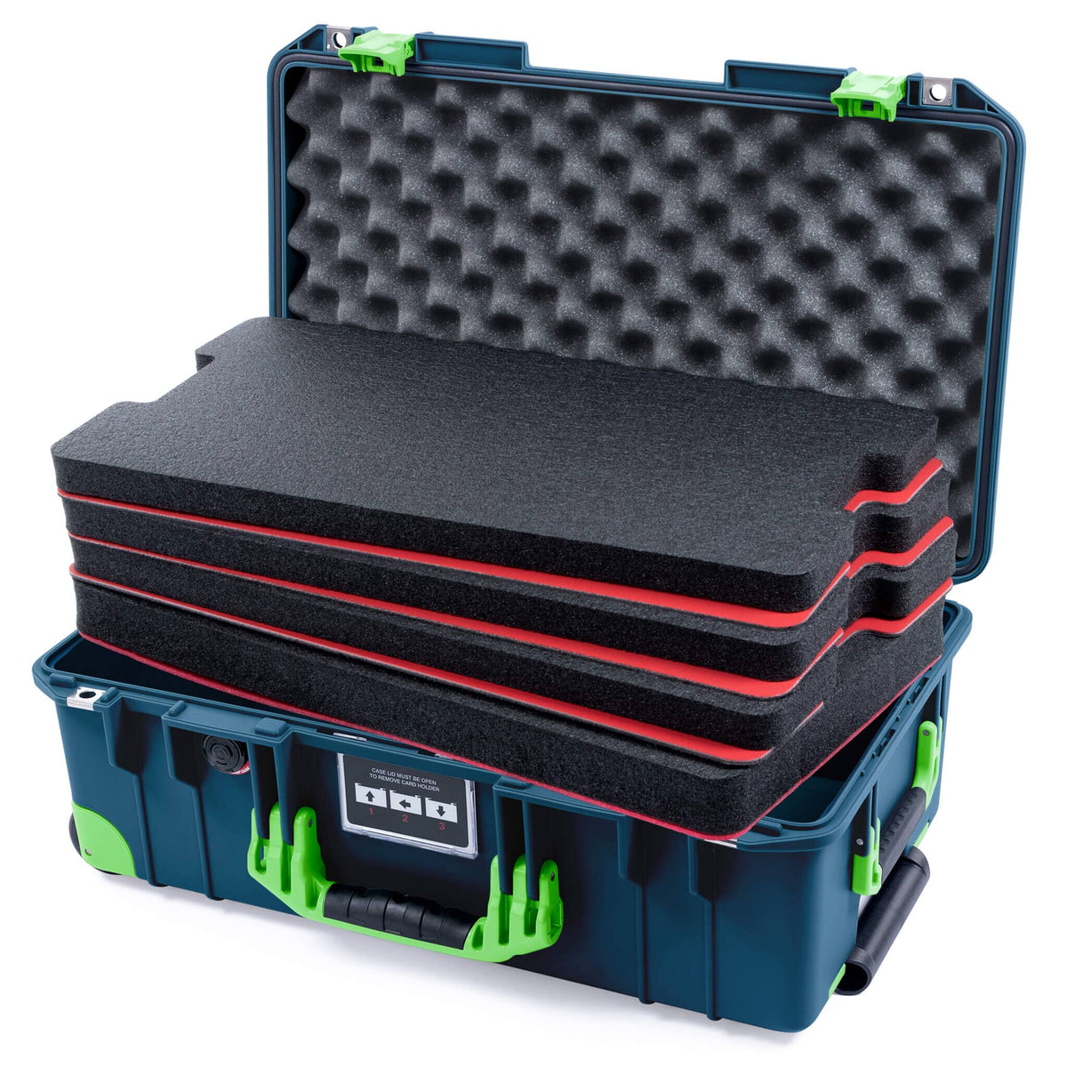Pelican 1535 Air Case, Deep Pacific with Lime Green Handles, Latches &amp; Trolley Custom Tool Kit (4 Foam Inserts with Convolute Lid Foam) ColorCase 015350-0060-550-301-300