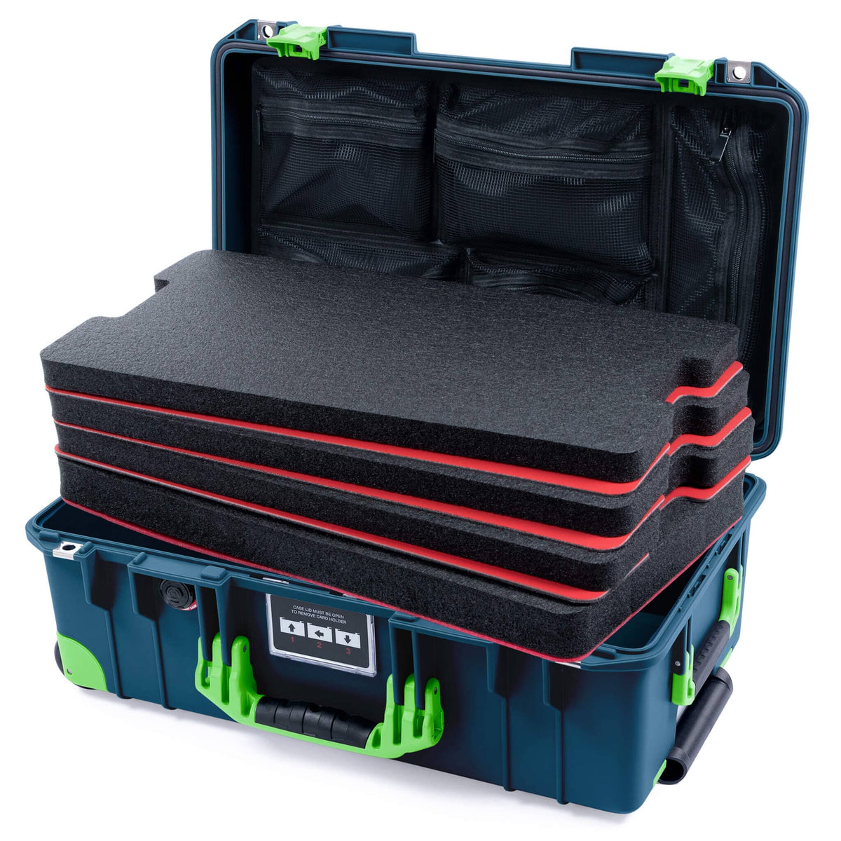 Pelican 1535 Air Case, Deep Pacific with Lime Green Handles, Latches &amp; Trolley Custom Tool Kit (4 Foam Inserts with Mesh Lid Organizer) ColorCase 015350-0160-550-301-300