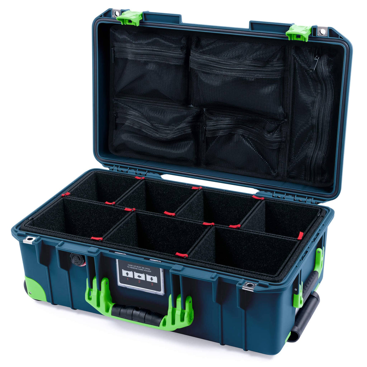 Pelican 1535 Air Case, Deep Pacific with Lime Green Handles, Latches &amp; Trolley TrekPak Divider System with Mesh Lid Organizer ColorCase 015350-0120-550-301-300