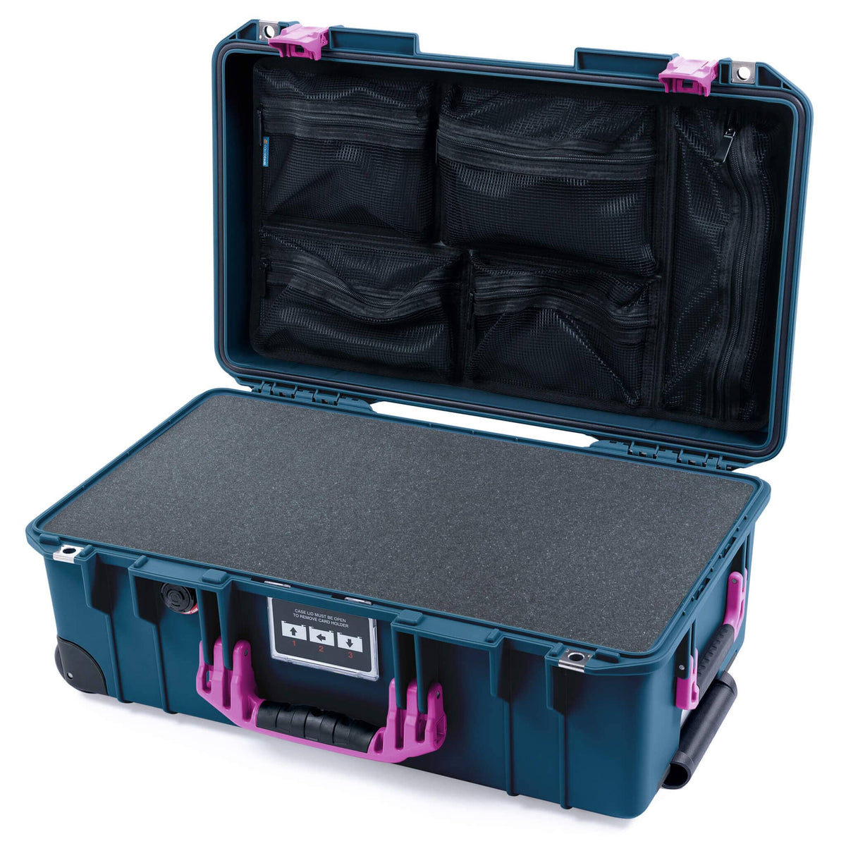 Pelican 1535 Air Case, Deep Pacific with Magenta Handles &amp; Latches Pick &amp; Pluck Foam with Mesh Lid Organizer ColorCase 015350-0101-550-401