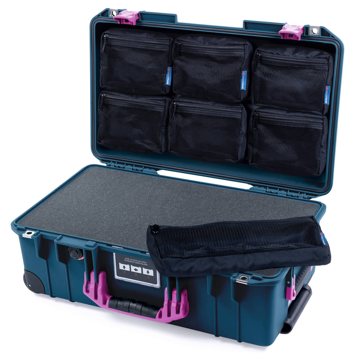 Pelican 1535 Air Case, Deep Pacific with Magenta Handles &amp; Latches Pick &amp; Pluck Foam with 7-Piece Removable Mesh Pouches ColorCase 015350-0701-550-401