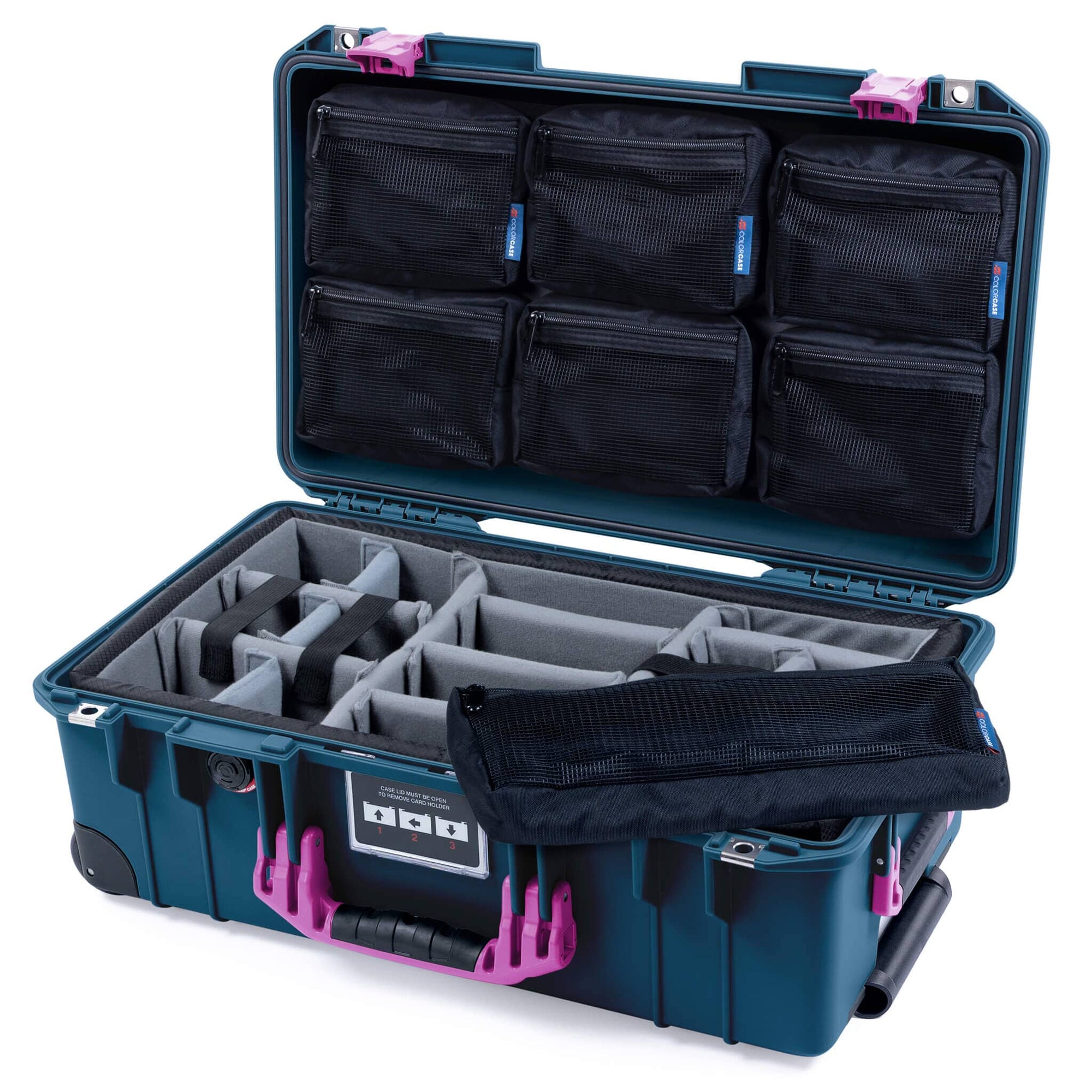 Pelican 1535 Air Case, Deep Pacific with Magenta Handles & Latches Gray Padded Microfiber Dividers with 7-Piece Removable Mesh Pouches ColorCase 015350-0770-550-401