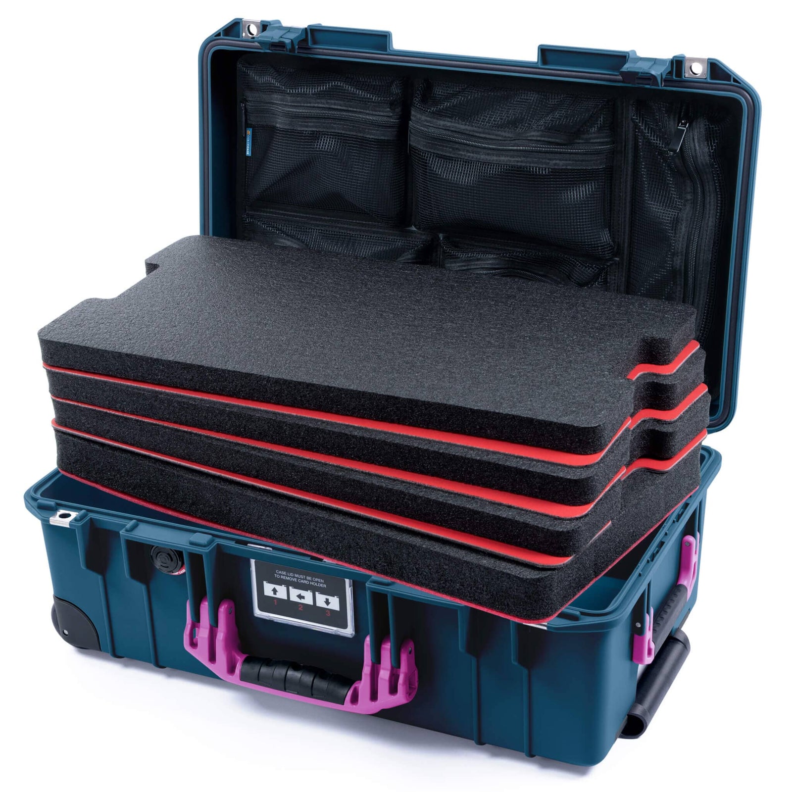 Pelican 1535 Air Case, Deep Pacific with Magenta Handles & Latches Custom Tool Kit (4 Foam Inserts with Mesh Lid Organizer) ColorCase 015350-0160-550-401