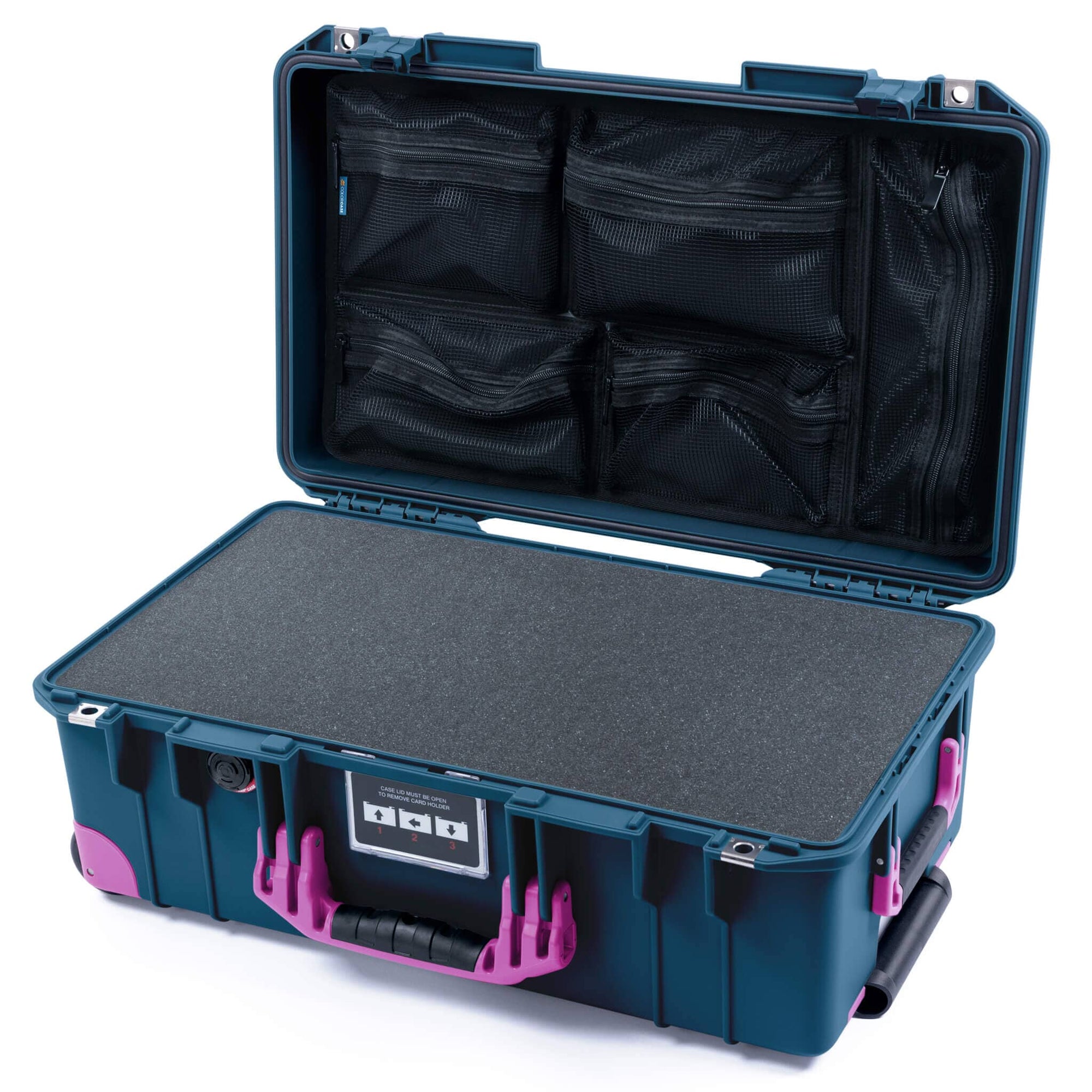 Pelican 1535 Air Case, Deep Pacific with Magenta Handles, Latches & Trolley Pick & Pluck Foam with Mesh Lid Organizer ColorCase 015350-0101-550-401-400
