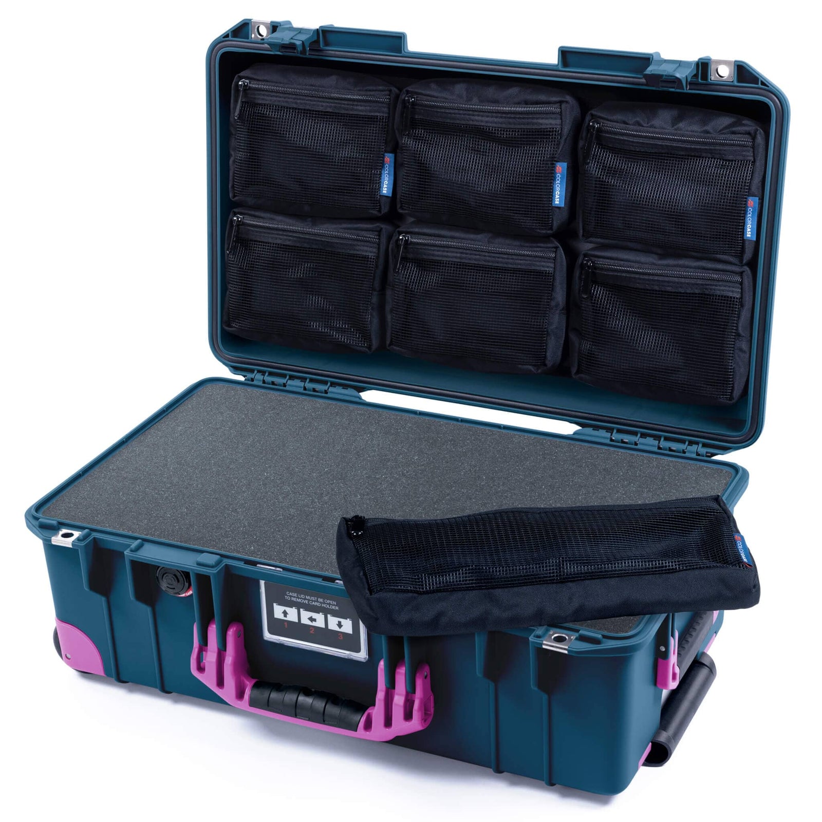 Pelican 1535 Air Carry-on Case - Deep Pacific & Magenta Trolley - Pick & Pluck Foam / 7-Piece Removable Mesh Pouches