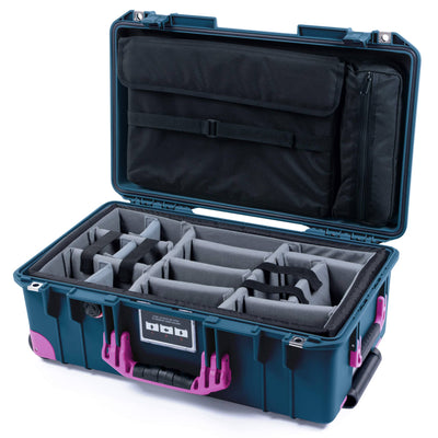 Pelican 1535 Air Case, Deep Pacific with Magenta Handles, Latches & Trolley Gray Padded Microfiber Dividers with Laptop Computer Lid Pouch ColorCase 015350-0270-550-401-400