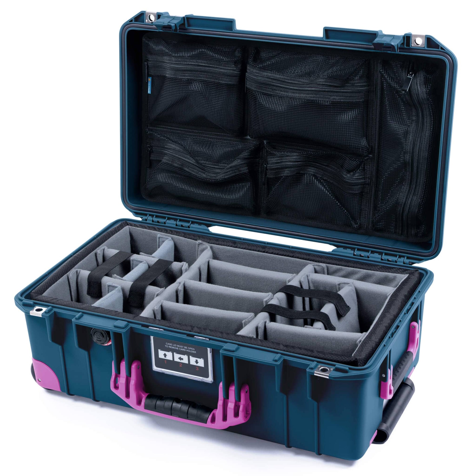 Pelican 1535 Air Case, Deep Pacific with Magenta Handles, Latches & Trolley Gray Padded Microfiber Dividers with Mesh Lid Organizer ColorCase 015350-0170-550-401-400