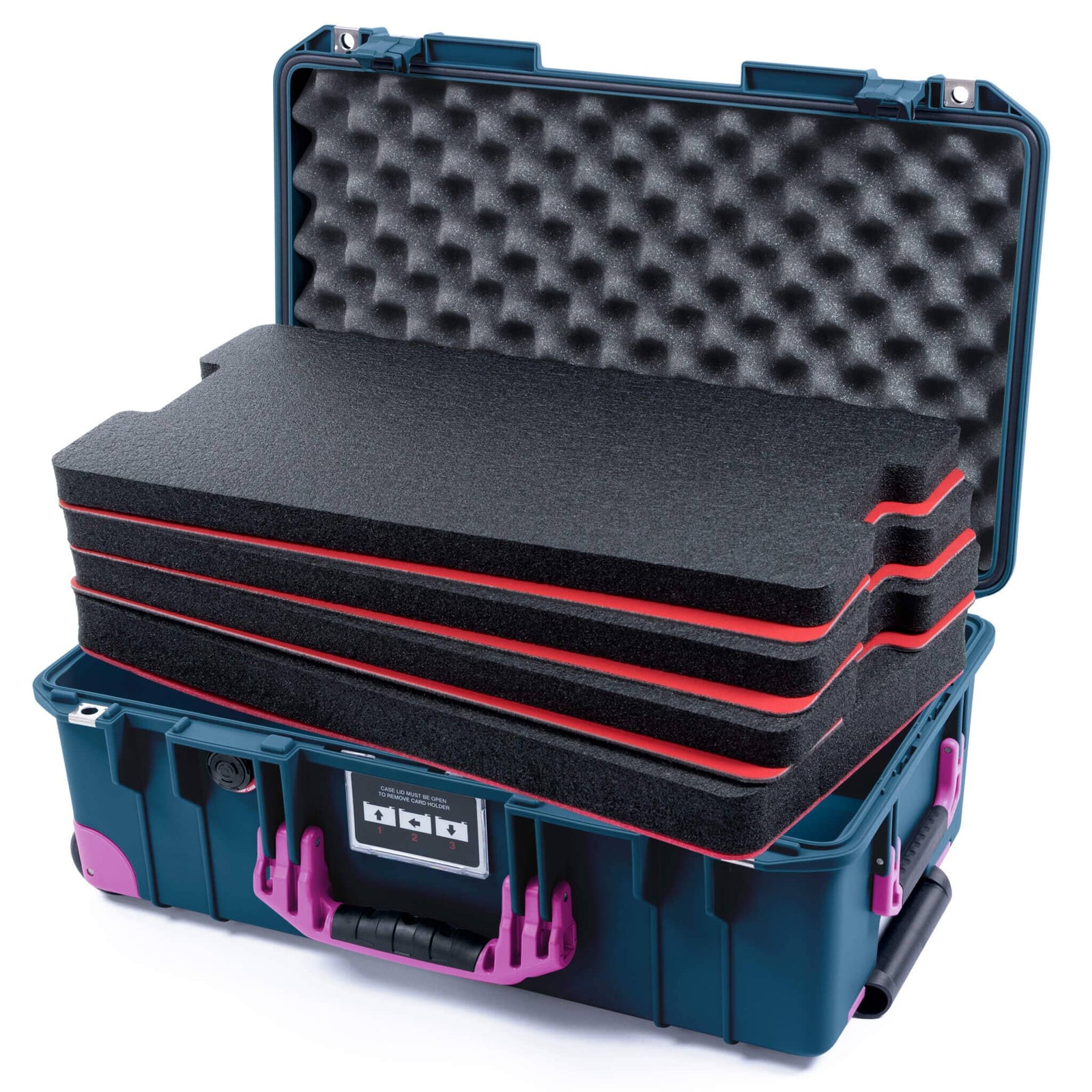 Pelican 1535 Air Case, Deep Pacific with Magenta Handles, Latches & Trolley Custom Tool Kit (4 Foam Inserts with Convolute Lid Foam) ColorCase 015350-0060-550-401-400
