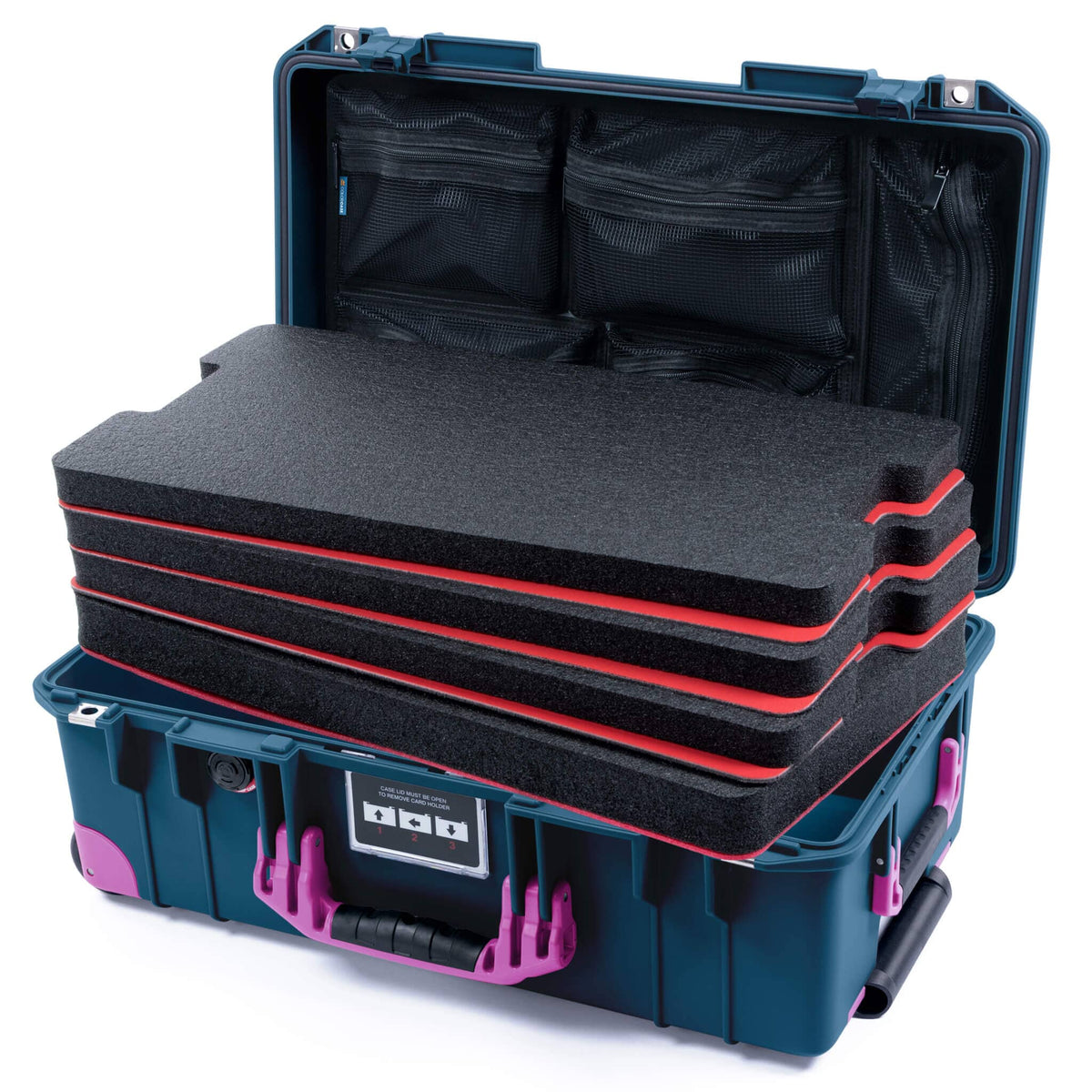 Pelican 1535 Air Case, Deep Pacific with Magenta Handles, Latches &amp; Trolley Custom Tool Kit (4 Foam Inserts with Mesh Lid Organizer) ColorCase 015350-0160-550-401-400
