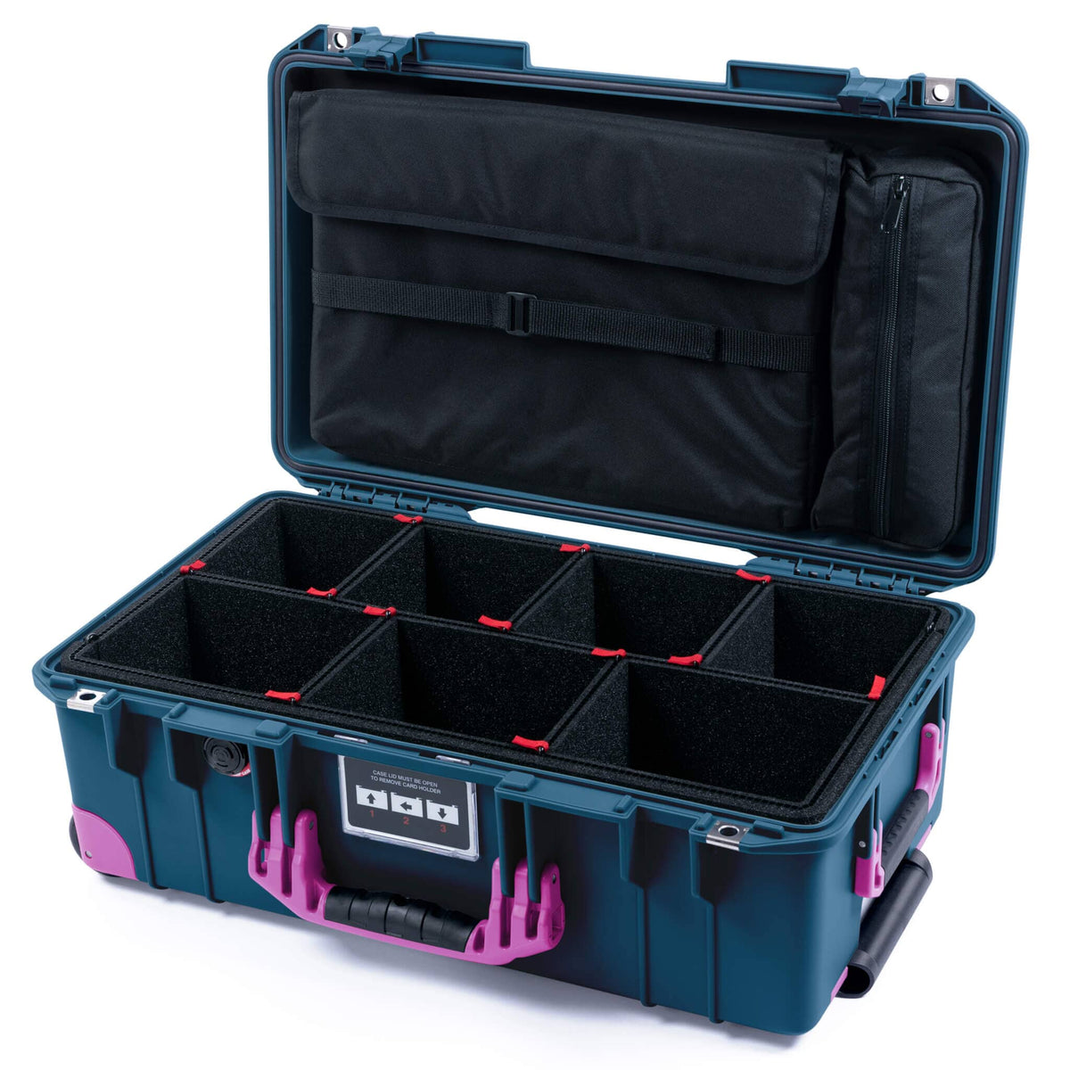 Pelican 1535 Air Case, Deep Pacific with Magenta Handles, Latches &amp; Trolley TrekPak Divider System with Laptop Computer Lid Pouch ColorCase 015350-0220-550-401-400