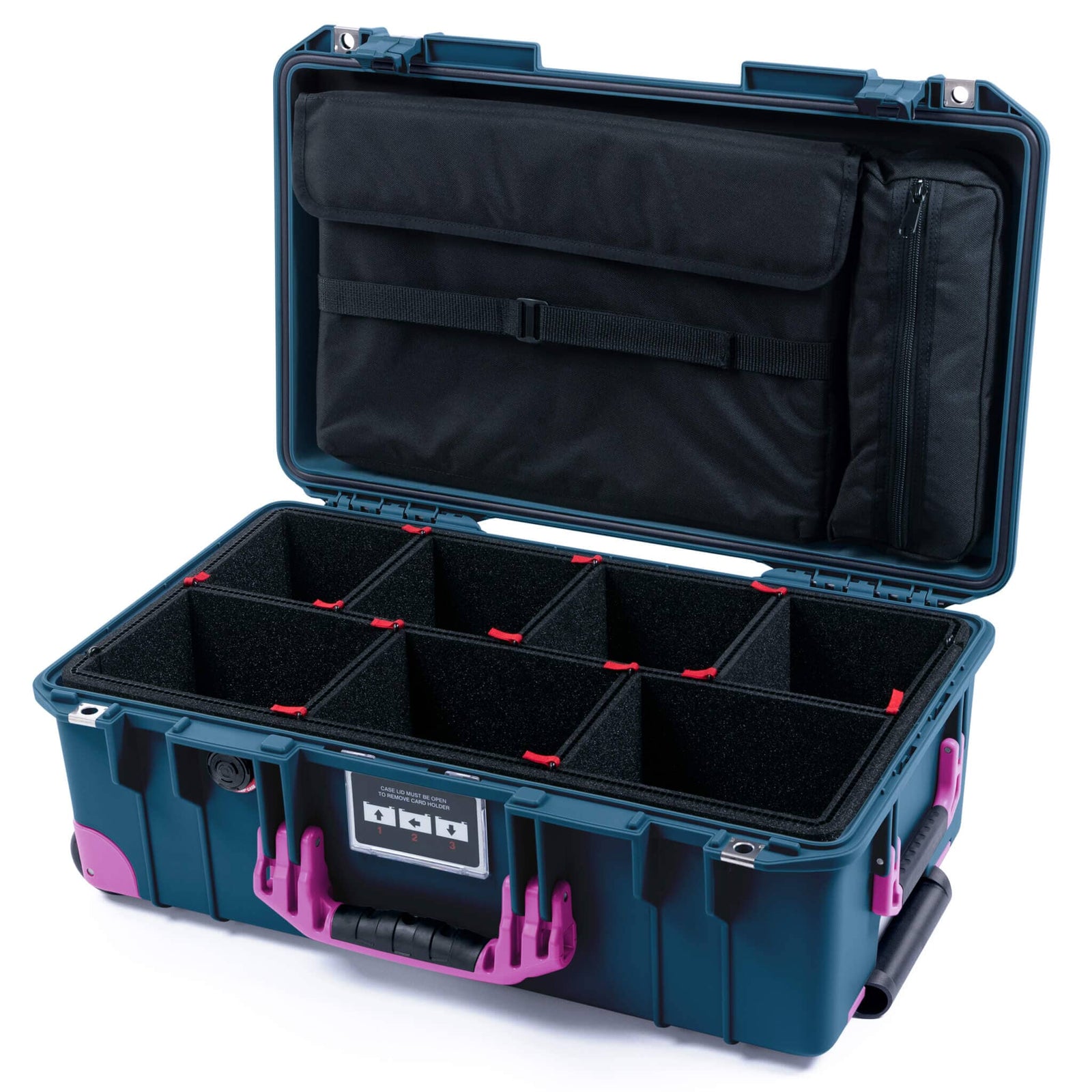 Pelican 1535 Air Case, Deep Pacific with Magenta Handles, Latches & Trolley TrekPak Divider System with Laptop Computer Lid Pouch ColorCase 015350-0220-550-401-400