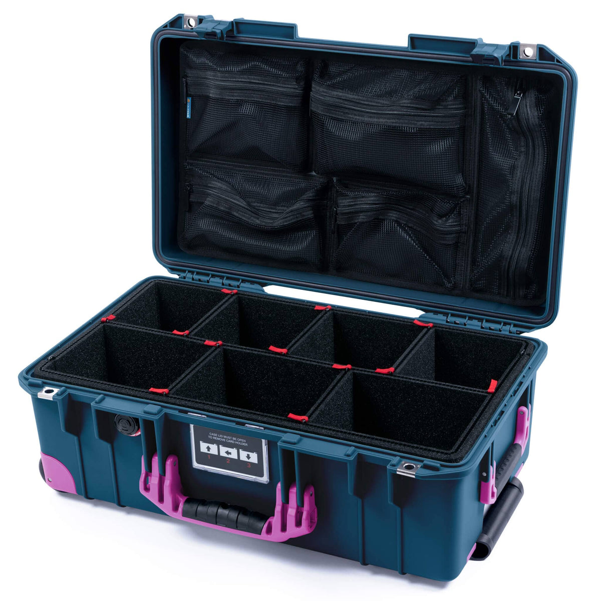 Pelican 1535 Air Case, Deep Pacific with Magenta Handles, Latches &amp; Trolley TrekPak Divider System with Mesh Lid Organizer ColorCase 015350-0120-550-401-400