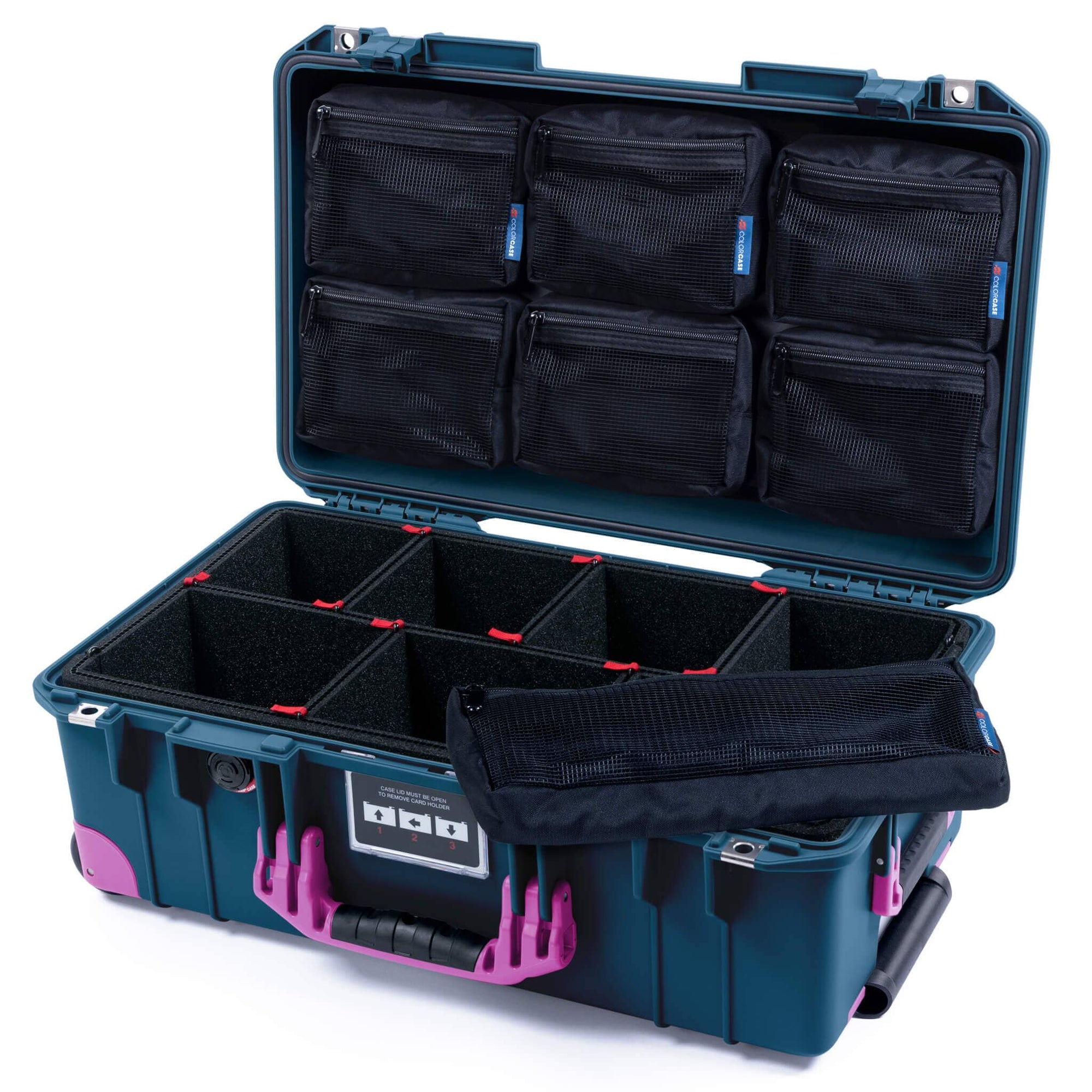 Pelican 1535 Air Case, Deep Pacific with Magenta Handles, Latches & Trolley TrekPak Divider System with 7-Piece Removable Mesh Pouches ColorCase 015350-0720-550-401-400