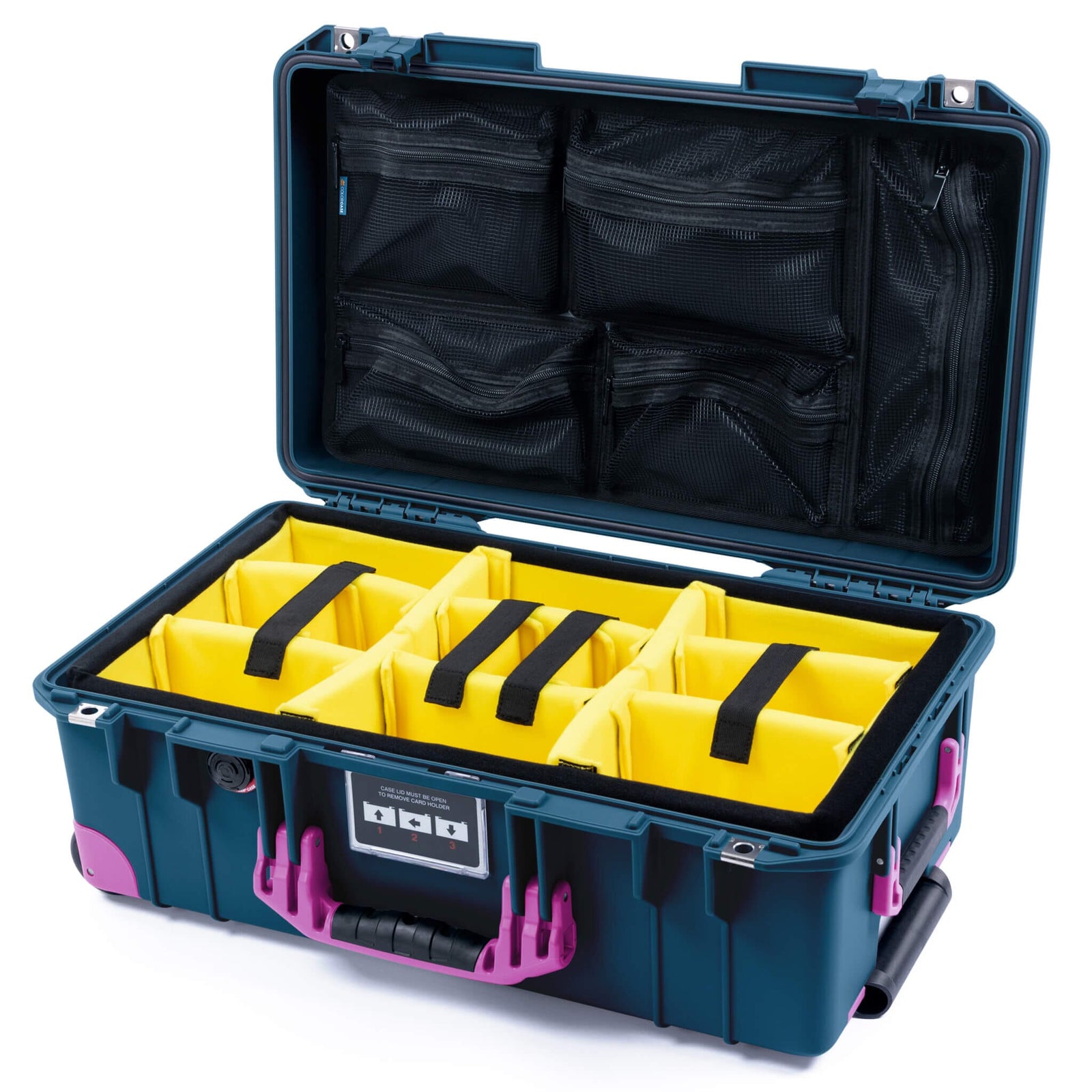 Pelican 1535 Air Carry-on Case - Deep Pacific & Magenta Trolley - Yellow Padded Microfiber Dividers / Mesh Lid Organizer