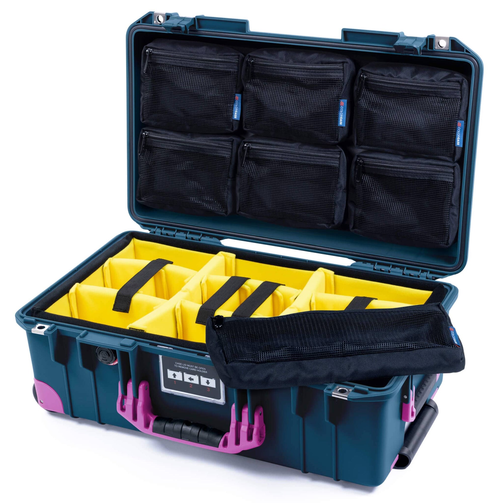 Pelican 1535 Air Case, Deep Pacific with Magenta Handles, Latches & Trolley Yellow Padded Microfiber Dividers with 7-Piece Removable Mesh Pouches ColorCase 015350-0710-550-401-400