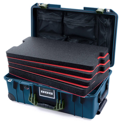 Pelican 1535 Air Case, Deep Pacific with OD Green Handles & Latches Custom Tool Kit (4 Foam Inserts with Mesh Lid Organizer) ColorCase 015350-0160-550-131
