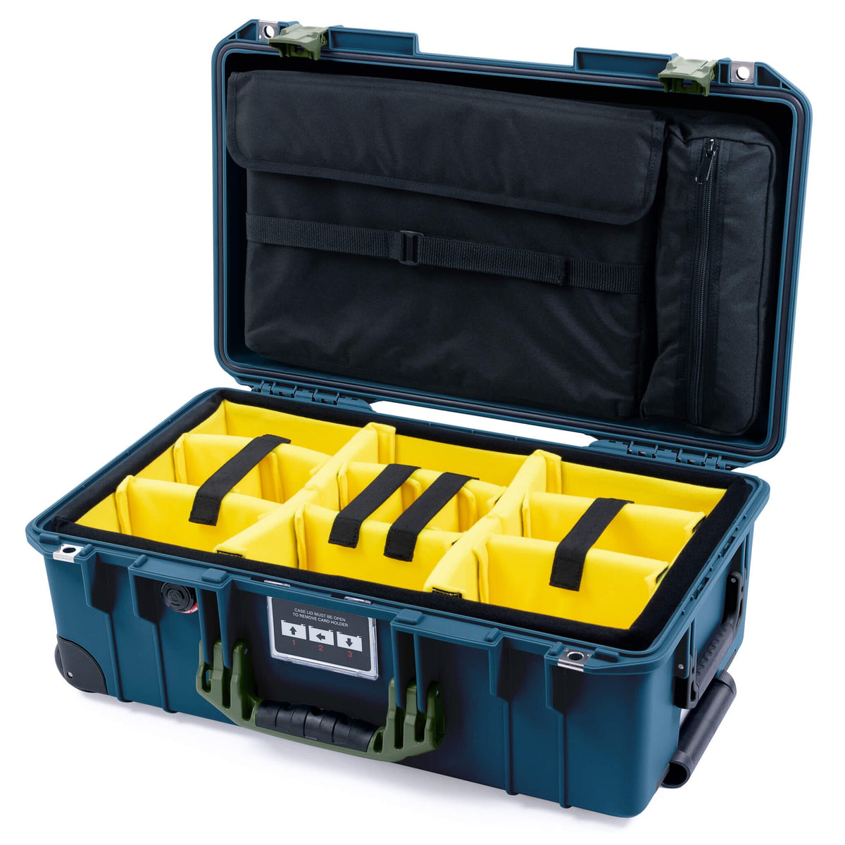 Pelican 1535 Air Case, Deep Pacific with OD Green Handles &amp; Latches Yellow Padded Microfiber Dividers with Computer Pouch ColorCase 015350-0210-550-131