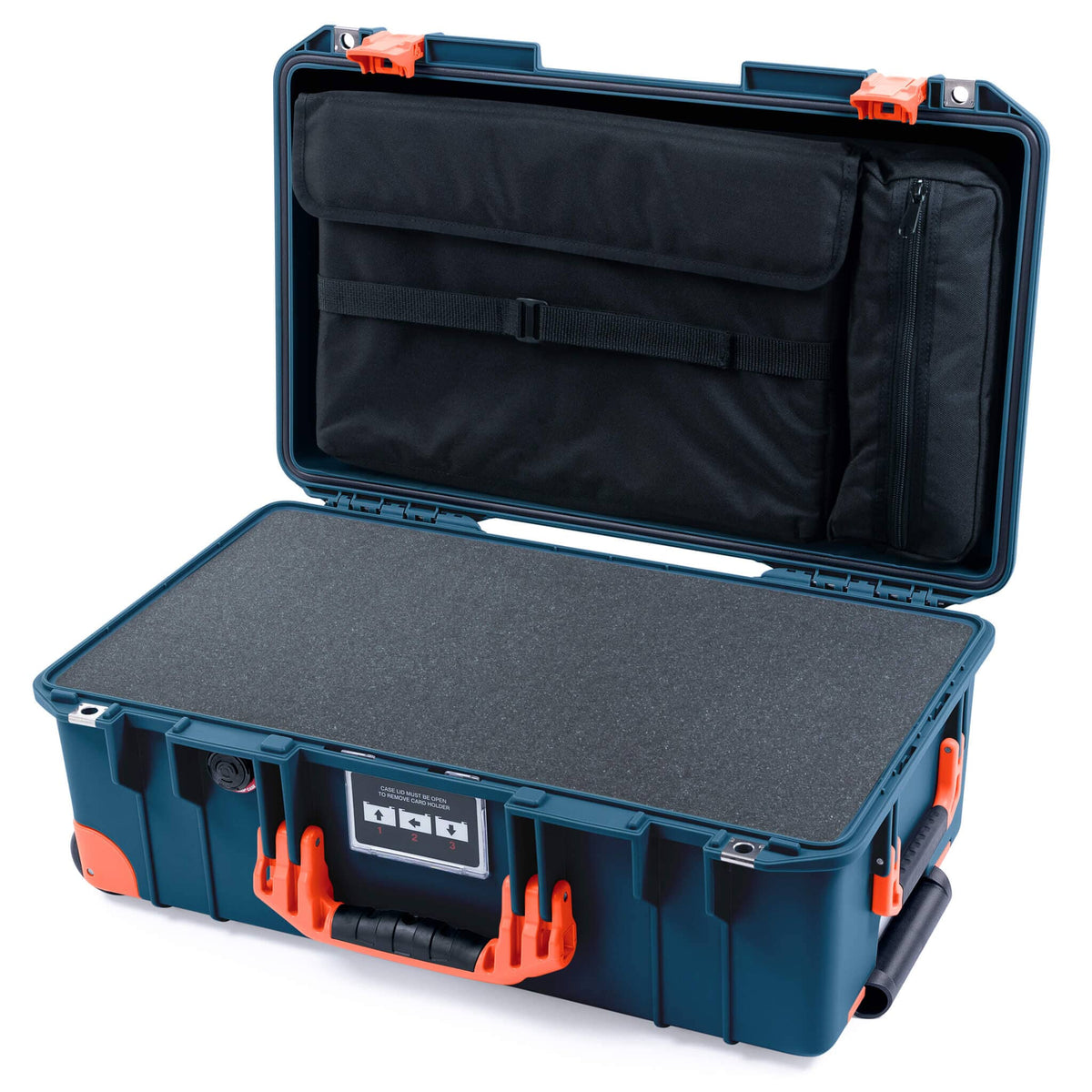 Pelican 1535 Air Case, Deep Pacific with Orange Handles, Push-Button Latches &amp; Trolley Pick &amp; Pluck Foam with Computer Pouch ColorCase 015350-0201-550-151-150