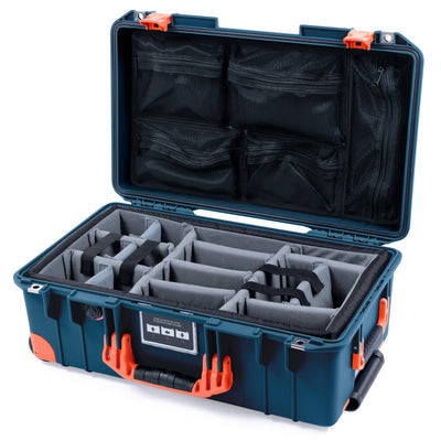 Pelican 1535 Air Case, Deep Pacific with Orange Handles, Push-Button Latches & Trolley Gray Padded Microfiber Dividers with Mesh Lid Organizer ColorCase 015350-0170-550-151-150
