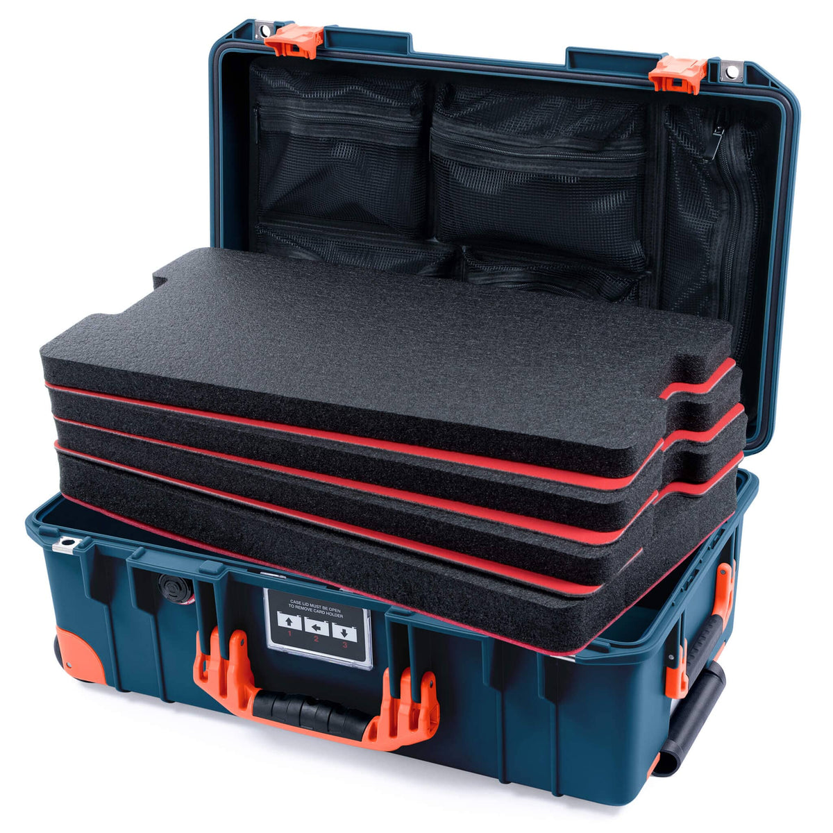 Pelican 1535 Air Case, Deep Pacific with Orange Handles, Push-Button Latches &amp; Trolley Custom Tool Kit (4 Foam Inserts with Mesh Lid Organizer) ColorCase 015350-0160-550-151-150
