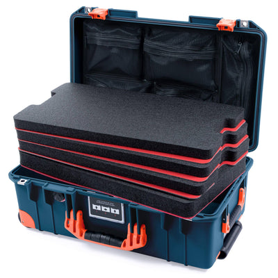 Pelican 1535 Air Case, Deep Pacific with Orange Handles, Push-Button Latches & Trolley Custom Tool Kit (4 Foam Inserts with Mesh Lid Organizer) ColorCase 015350-0160-550-151-150