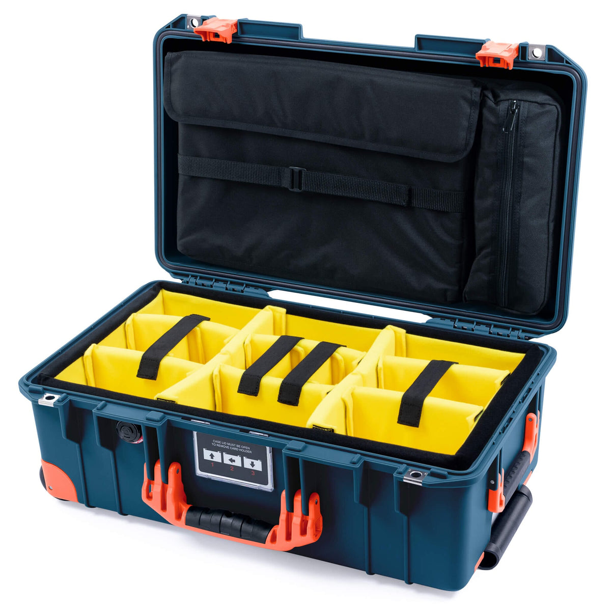 Pelican 1535 Air Case, Deep Pacific with Orange Handles, Push-Button Latches &amp; Trolley Yellow Padded Microfiber Dividers with Computer Pouch ColorCase 015350-0210-550-151-150