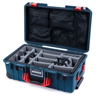 Pelican 1535 Air Case, Deep Pacific with Red Handles & Push-Button Latches Gray Padded Microfiber Dividers with Mesh Lid Organizer ColorCase 015350-0170-550-320