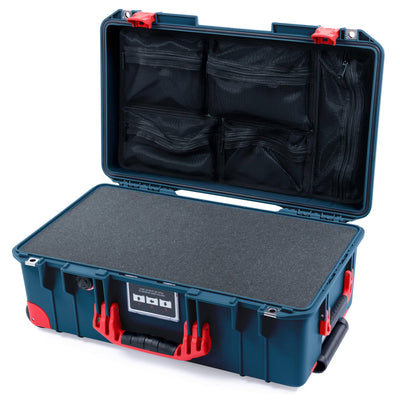 Pelican 1535 Air Case, Deep Pacific with Red Handles, Push-Button Latches & Trolley Pick & Pluck Foam with Mesh Lid Organizer ColorCase 015350-0101-550-320-320
