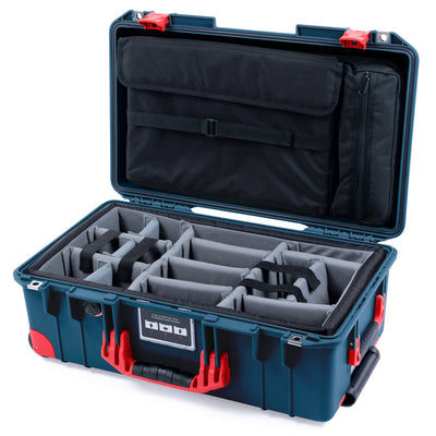 Pelican 1535 Air Case, Deep Pacific with Red Handles, Push-Button Latches & Trolley Gray Padded Microfiber Dividers with Computer Pouch ColorCase 015350-0270-550-320-320