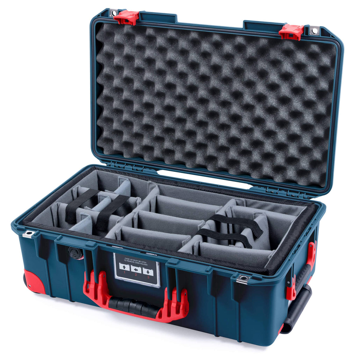 Pelican 1535 Air Case, Deep Pacific with Red Handles, Push-Button Latches &amp; Trolley Gray Padded Microfiber Dividers with Convolute Lid Foam ColorCase 015350-0070-550-320-320