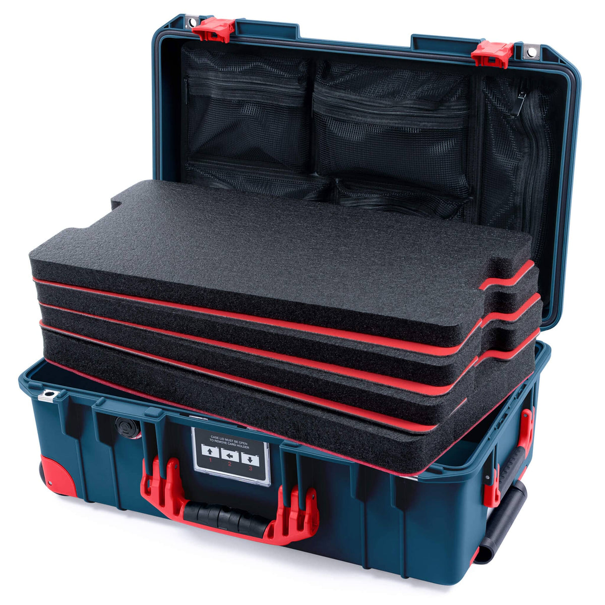 Pelican 1535 Air Case, Deep Pacific with Red Handles, Push-Button Latches &amp; Trolley Custom Tool Kit (4 Foam Inserts with Mesh Lid Organizer) ColorCase 015350-0160-550-320-320