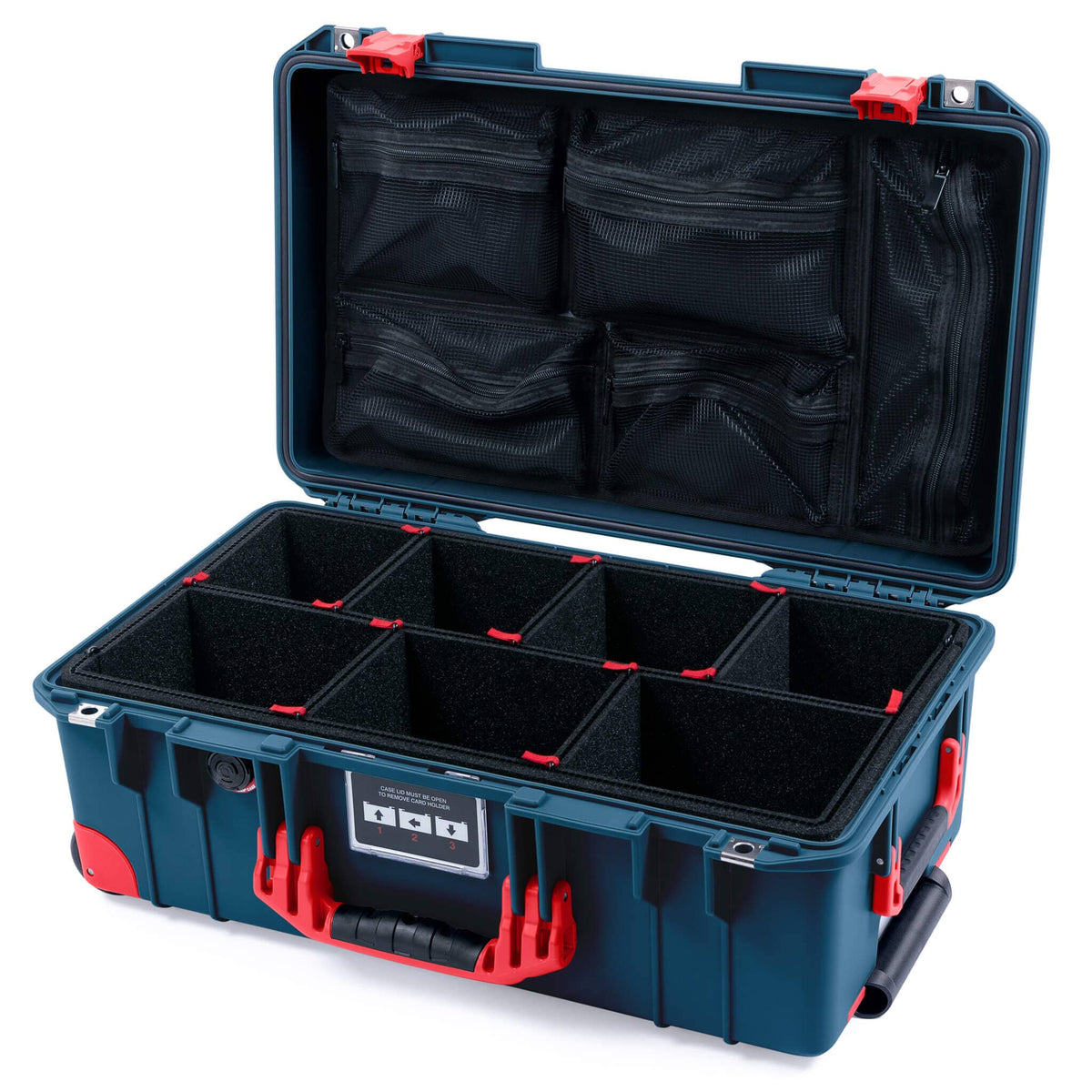 Pelican 1535 Air Case, Deep Pacific with Red Handles, Push-Button Latches &amp; Trolley TrekPak Divider System with Mesh Lid Organizer ColorCase 015350-0120-550-320-320