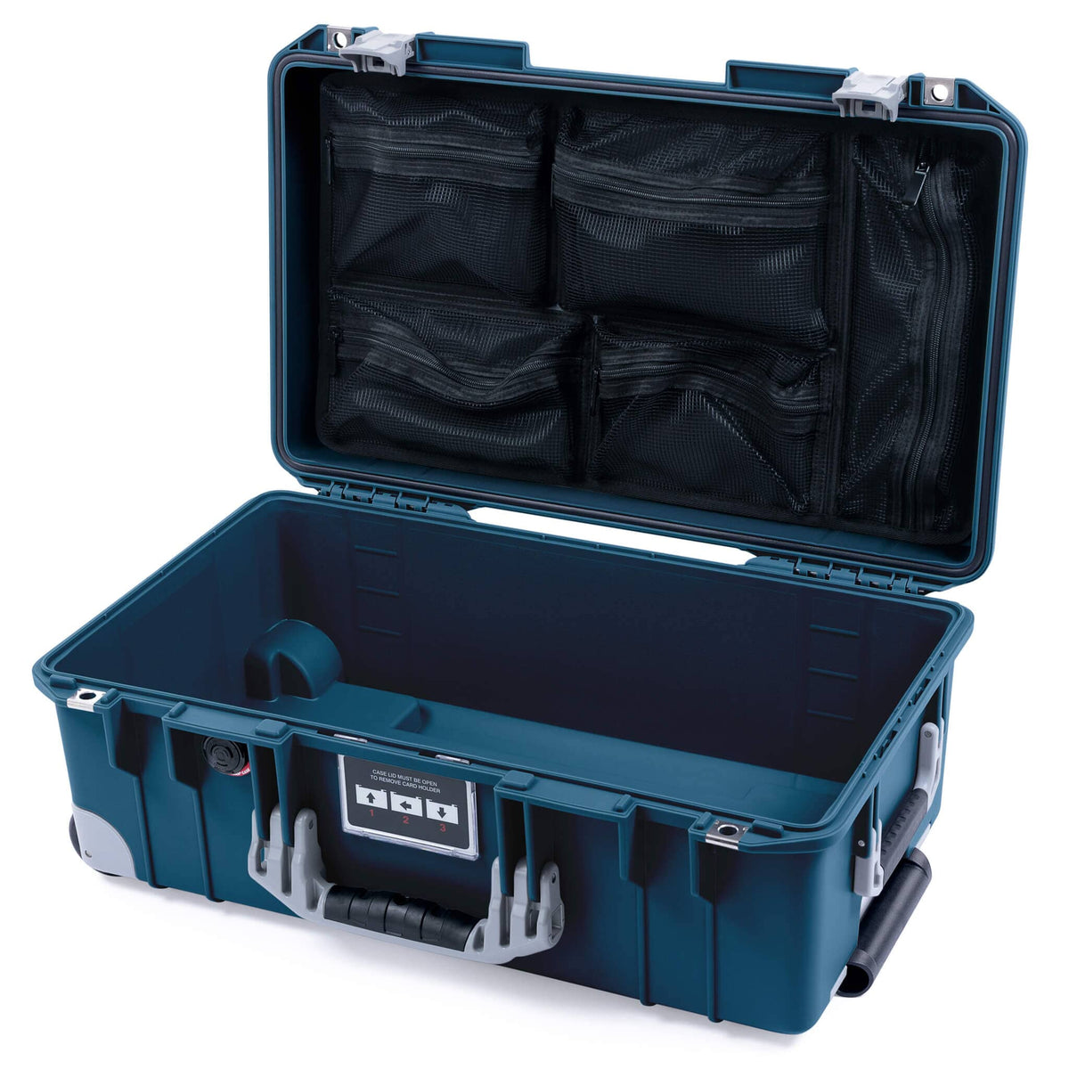 Pelican 1535 Air Case, Deep Pacific with Silver Handles, Push-Button Latches &amp; Trolley Mesh Lid Organizer Only ColorCase 015350-0100-550-181-180
