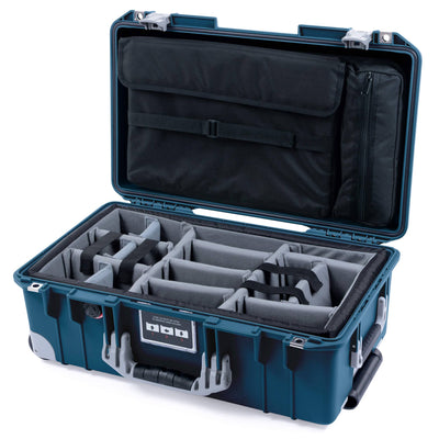 Pelican 1535 Air Case, Deep Pacific with Silver Handles, Push-Button Latches & Trolley Gray Padded Microfiber Dividers with Computer Pouch ColorCase 015350-0270-550-181-180