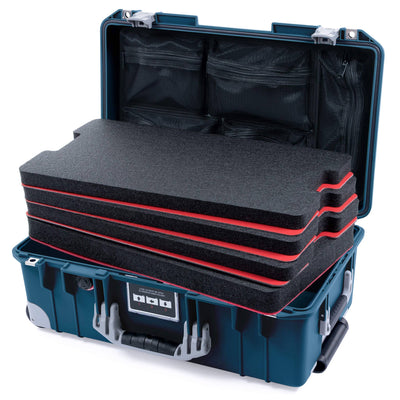 Pelican 1535 Air Case, Deep Pacific with Silver Handles, Push-Button Latches & Trolley Custom Tool Kit (4 Foam Inserts with Mesh Lid Organizer) ColorCase 015350-0160-550-181-180