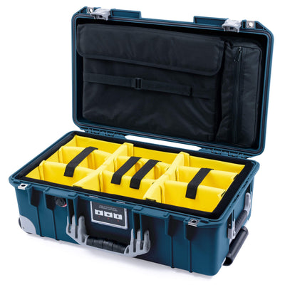 Pelican 1535 Air Case, Deep Pacific with Silver Handles, Push-Button Latches & Trolley Yellow Padded Microfiber Dividers with Computer Pouch ColorCase 015350-0210-550-181-180