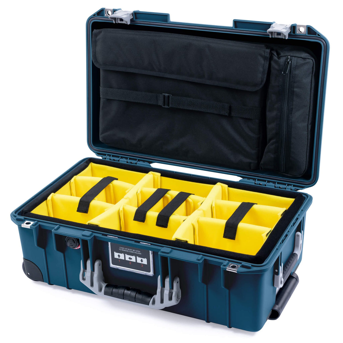 Pelican 1535 Air Case, Deep Pacific with Silver Handles &amp; Push-Button Latches Yellow Padded Microfiber Dividers with Computer Pouch ColorCase 015350-0210-550-181