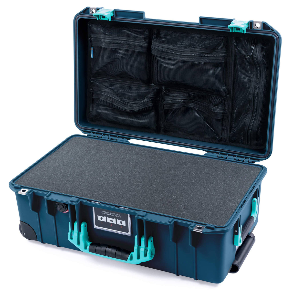 Pelican 1535 Air Case, Deep Pacific with Teal Handles &amp; Latches Pick &amp; Pluck Foam with Mesh Lid Organizer ColorCase 015350-0101-550-591